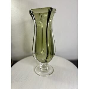 Vintage Hand blown Green Vase Footed With Clear Applied Edges 11x4 Inches